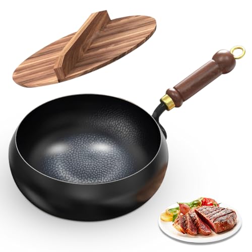 Ruioomeep Padella in ferro forgiato non rivestito, con manico e coperchio in legno, grande pentola per diversi stili culinari e ricette, 27 x 11 cm