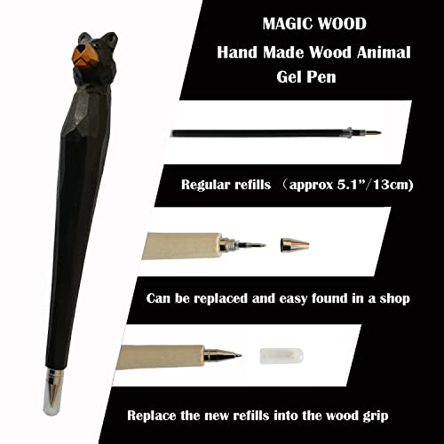 Magic Wood 2Pcs Wood Carved Animal Gel Pen 100% Handmade And Handpaited, Cute Stationary School Supply Office Supply, Fun Pen Novelty Writing Pen, Unique Gift Pen For Animal (Black Bear) #TOP1