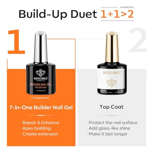 Image of modelones Builder Nail Gel with Gel Top Coat, 8-In-One Clear Builder Acid Free Top Coat for Nail Thickening Apex Building Extension Shine Finish and Long Lasting, LED Lamp Cured 10ml DIY Home Salon