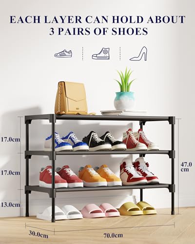 Kitsure 3-Tier Stackable Shoe Rack Organizer, Non-Woven Shoe Storage Shelf for Closet, Entryway, Hallway & Garage, Black, 30 × 70 × 47 cm