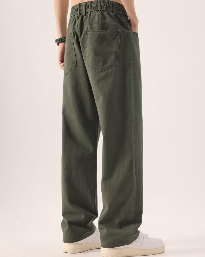 Men's Summer Casual Solid Color Button Zipper Placket Cotton Elastic Waist Wide Leg Jeans3