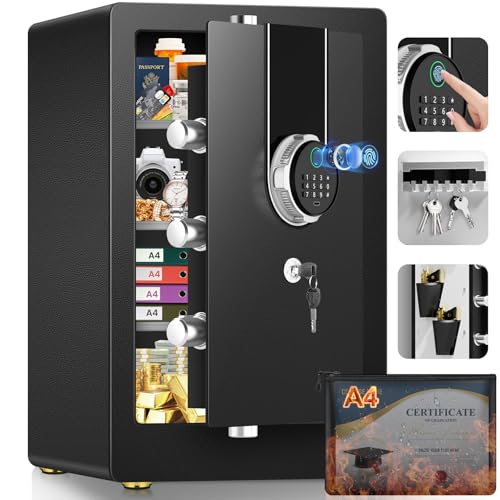 . Large Biometric Safe Box Home Safes Water Fireproof Duty Document Safe with Bottom Hidden Compartment Anti-Theft Dual Alerts Mute Mode Digital Security for Home and Business