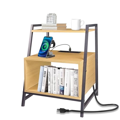 End Table with Charging Station Bedside Table with Storage Shelf Bed Side Table Living Room Narrow Nightstand with USB Ports and Outlets Night Stand for Bedroom Sofa Table for Small Spaces Natural