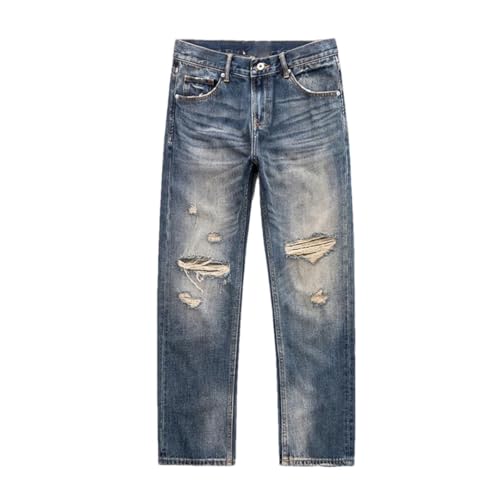 Men Hip Hop Retro Blue Distressed Straight Regular Fit Hollow Holes Frayed Denim Trousers