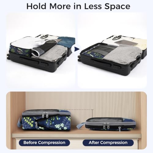Image of BAGAIL 4 Set /6 Set /8 Set Compression Packing Cubes Travel Accessories Expandable Packing Organizers (Half Mesh, 6-Navy Leaf)