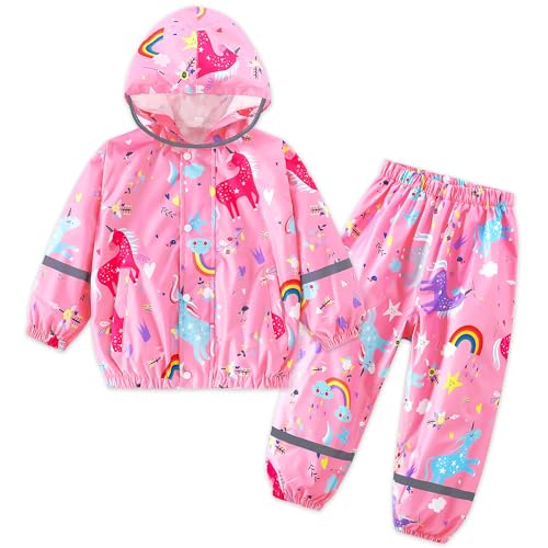 FILOWA Girls Waterproof Suit Kids Lightweight Jacket and Trouser Set Pink Hooded Raincoat Rain Suit Breathable Rain Coat & Pants with Zip Resistant Rainwear Puddle Suit for Teen Toddler 4-5 Years