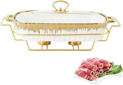 Juego de platos de cerámica con tapa de vidrio y soporte para combustible, calentador de alimentos rectangular bajo vidriado para eventos y catering