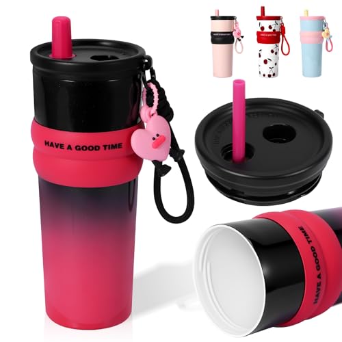 HAPFRJIN 24 oz Stainless Steel Tumbler with Straw, Water Bottle Leak Proof for Hot and Cold, Pink Black Insulated Coffee Travel Mug, Ceramic Lined Tumbler, Reusable Thermal Coffee Cup Gift for Women