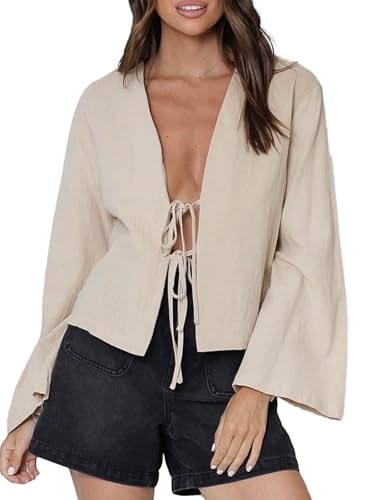 Chvity Women's Coquette Clothes,Swim Suit Coverup for Women Long Sleeve Linen Shirts V Neck Trendy Cruise Outfits 2025 Babydoll Top Casual Bow Tie Front Hawaiian Beach Vacation Cover Ups Khaki