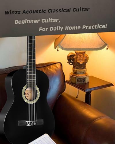 Image of Winzz Beginner Adult Classical Guitar with 7 Accessories - Nylon String 4 /4 Guitar Pack - Glossy Black 39 Inch