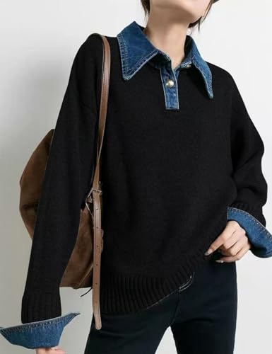 Image of Womens Denim Lapel Sweater Oversized Long Sleeve Button Down Polo Knit Pullover Sweaters 2025 Fall Outfits