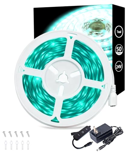Image of Teal 50 Foot Led Lights Strip Indoor Rope Lights Easy DIY Cuttable Strip Lights for Room Bathroom Living Room Kitchen Ceiling Wall Vanity Mirror Decor