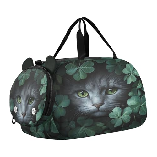 Gray Cat Clover Kids Travel Duffel Bag for Boys Girls Overnight Weekend Tote Bag with Shoes Compartment for Sleepover Trip Beach