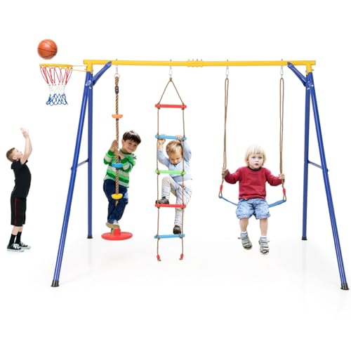 Maxmass 4-in-1 Kids Swing Set, Metal Frame Swings Playset with Basketball Hoop, Disc Rope Swing, Climbing Ladder, Belt Swings, Children Playground for Indoors Outdoors (Weight Capacity: 300 kg)