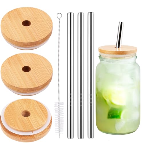3 Pack Regular Mouth Bamboo Drinking Lid with Straw Hole and Straw Compatible with Mason Jar, Wood Drinking Lids for 70mm Regular Mouth Jar