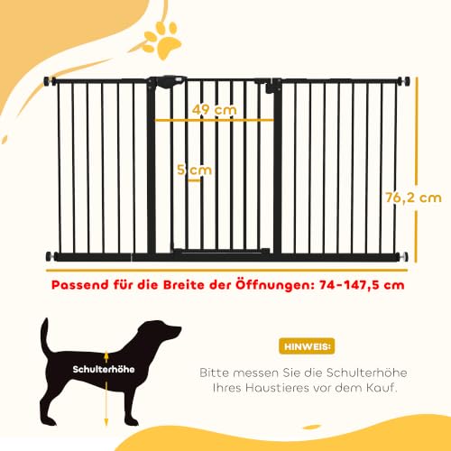PawHut Türschutzgitter Hunde, Absperrgitter, 74-147,5 cm, Treppenschutzgitter für Haustier, Hundegitter inkl. 3 Verschiedene Verlängerungen, Schutzgitter ohne Bohren, Metall, Kunststoff, Schwarz