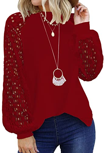 Image of Shasmi Women's White Ballon Long Sleeve, Crew Neck Tops Lace Casual Loose Blouses T Shirts (Shree Top 29)
