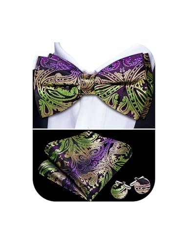 Image of Barry.Wang Paisley Striped Bow Tie for Men Silk Pre-Tied Bowtie Pocket Square Cufflinks Set Formal Wedding Party Prom