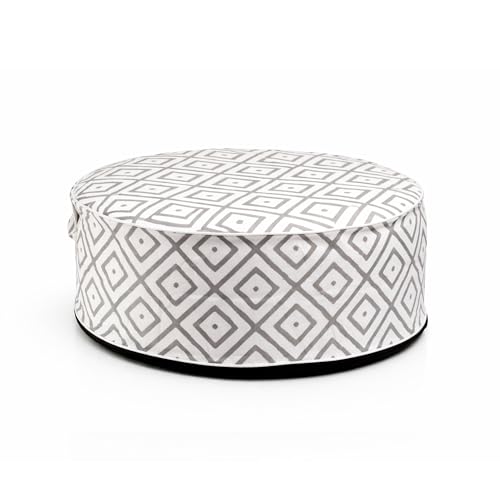 Pincho Puff Hinchable Redondo Puf Inflable Interior Exterior, Reposapies y Asiento de Suelo, Funda Textil con Cremallera y Asa, Diseno Marinero Gris Blanco, Facil de Guardar (Geometrico)