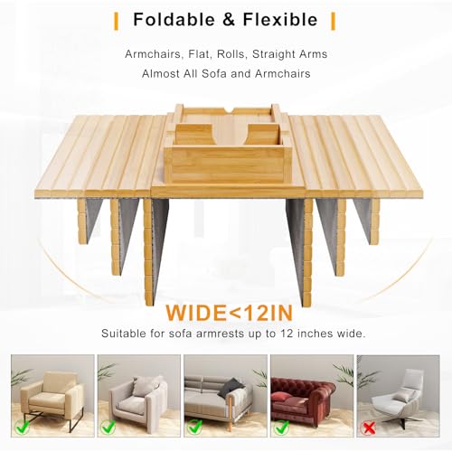 image for Bestjing Bamboo Sofa Armrest Tray - Couch Arm Tray with Detachable Cou