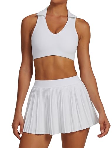 ABEHIK Womens Golf Dress 2 Piece Tennis Skirts Set Cute Summer Golf Workout Athletic Dresses for Women with Shorts Pockets V Neck Top Skirt Skorts Active Sport Outfits White S