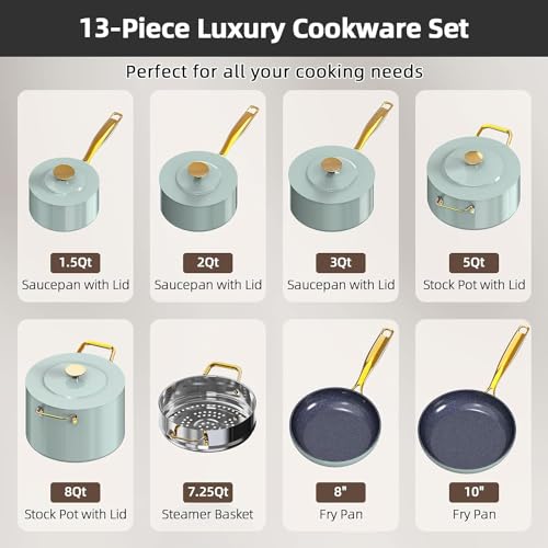 Image of Nuwave Lux LE 13-Pc Cookware Set with Elegant Gold Handle, Diamond Infused Ceramic Non-Stick, PFAS Free, Premium Metal Lids, Ergonomic Stay-Cool Handles, Induction Ready & Compatible w /All Cooktops