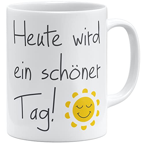 OM3® Kaffee-Tasse mit Spruch - heute wird ein schöner Tag - gute Laune Sonne Motivation - Keramik Becher - 325ml - Beidseitig Bedruckt - Weiss