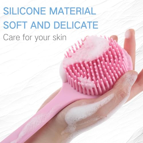 Image of Silicone Bath Brush with Long Handle - Soft Bristles Back Scrubber for Shower | Body Massage - Exfoliating Dirt Removal Brush for Men | Women (Pink)