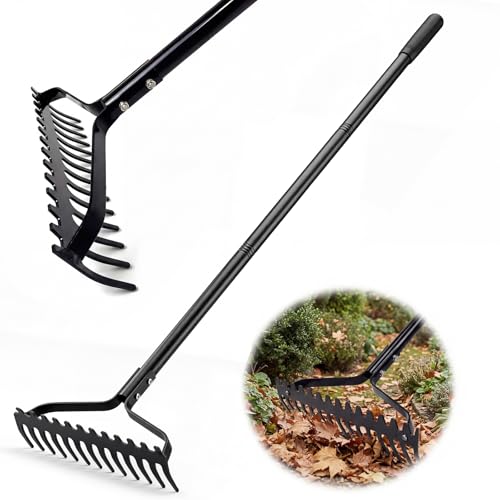 Fuuwuu 14 Tines Garden Rake Heavy Duty 65Mn Steel Alloy 5 Long Handle Concrete Rake for Soil Loosening and Leaves Gathering