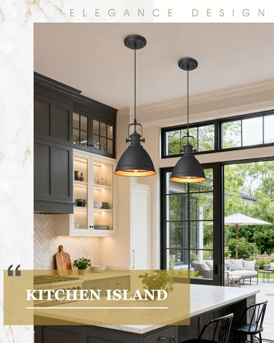 Image of 2-Pack Black Pendant Lights Kitchen Island, 8 inch Metal Shade | Industrial Hanging Light Fixture for Entryway Bar, Black and Gold Metal Shade, Adjustable Height, E26 Base, AD-2151-2PM-BK