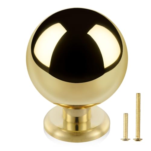 QOGRISUN 10-Pack Unlacquered Brass Cabinet Knobs Round Ball Gold Knobs for Dresser Drawer 1.1-Inch Diameter Sphere Cabinet Pulls Lead-Free Polished Brass Finish