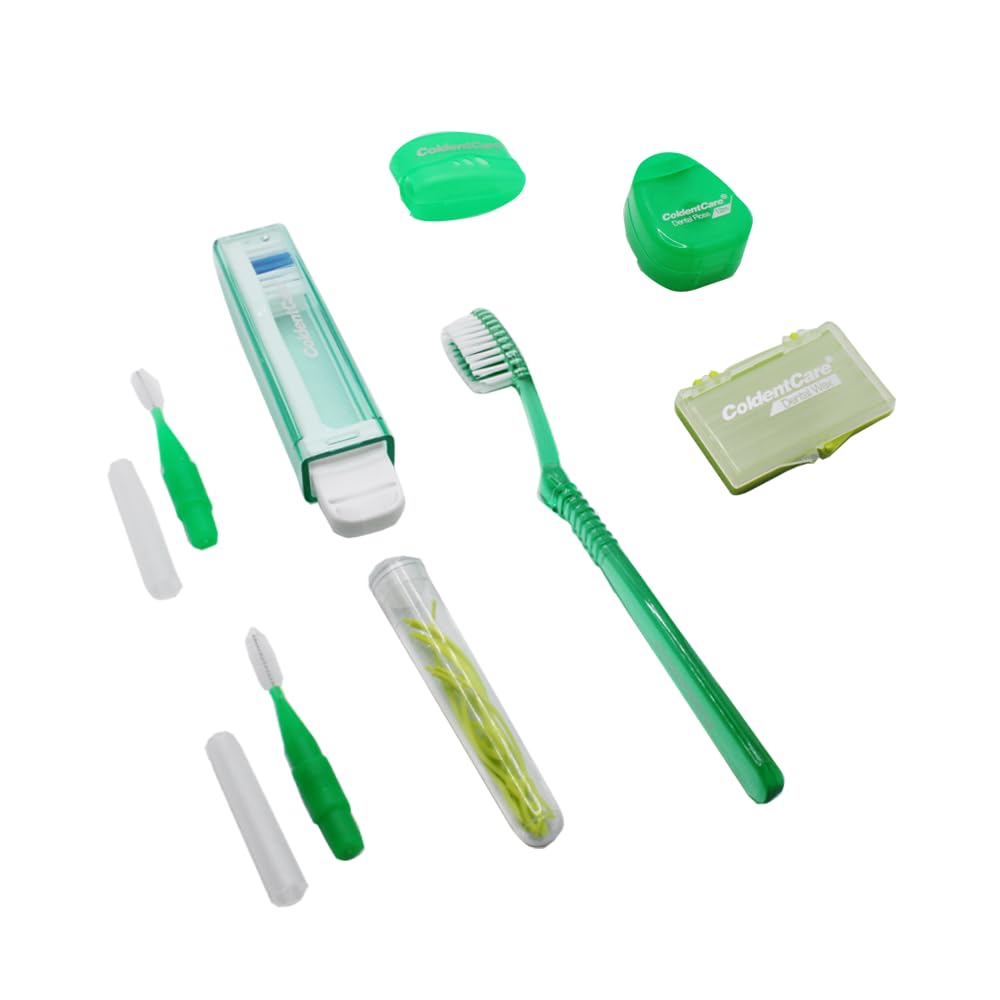 Orthodontic Oral Care Kit for Cleaning Brackets Braces, Includes Toothbrush and Cap, Travel Toothbrush, Dental Floss 12m, Dental Wax, Floss threaders, Interdental Toothbrush. Case (Green)