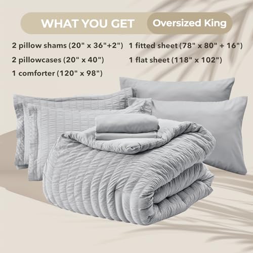 Image of HYMOKEGE Light Grey Oversized King Comforter Set Seersucker 7 Pieces, All Season Luxury Bed in a Bag for Bedroom, Bedding Set with Comforter, Sheets, Pillowcases & Shams