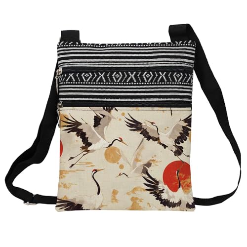Japanese Ukiyoe Crane Messenger Bag Small Ethnic Pattern Printed Adjustable Strap Crossbody Zipper Bag Japanese Ukiyoe Crane Phone Bag Wallet Cute Shoulder Handbag for Women Friends