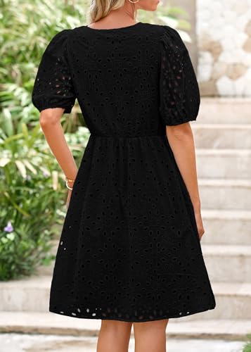 Image of KIRUNDO Eyelet Summer Dresses for Women 2025 Short Sleeve Tie Front Babydoll A Line Wedding Guest Beach Vacation Sundress