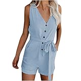 Womens Work Jumpsuit Casual Elegant Sleeveless One Piece Shorts Rompers with Belt Ladies Plain V Neck Button Down Jump Suit Women's All In One Playsuit with Pockets