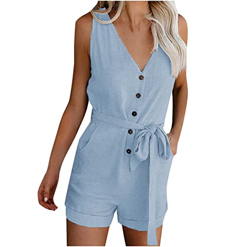 Womens Work Jumpsuit Casual Elegant Sleeveless One Piece Shorts Rompers with Belt Ladies Plain V Neck Button Down Jump Suit Women's All In One Playsuit with Pockets