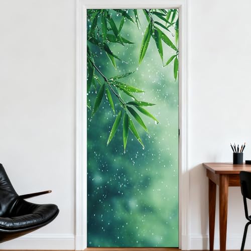 Image of Nuxovilar Bamboo Leaf Door Stickers Peel Stick PVC 30.3x78.7 in Cover | Door Stickers Wall Decals Peel Stick Cover Vinyl Art Poster Bedroom Living Room (Bamboo Leaf Rain)