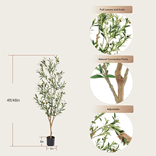 Image of Bellacat Faux Olive Tree 4ft，Olive Trees Artificial Indoor with Natural Wood Trunk and Realistic Leaves and Fruits. 4 Feet(48in) Fake Olive Tree for Home House Office Decor.