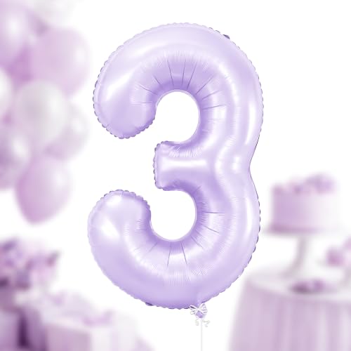 Image of KatchOn Pastel Purple Number 3 Balloon - 40 Inch Birthday Party Decorations