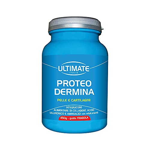 Ultimate Italia - Proteo Dermina - 450g - fragola - Integratore di collagene e acido ialuronico per mantenere la pelle giovane e supportare cartilagini, legamenti e tendini
