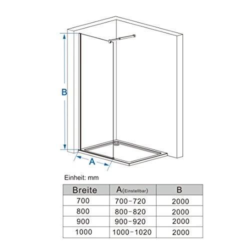 Duschabtrennung walk in Duschwand Seitenwand Dusche 10mm Glas Duschtrennwand 100 x 200 cm NANO