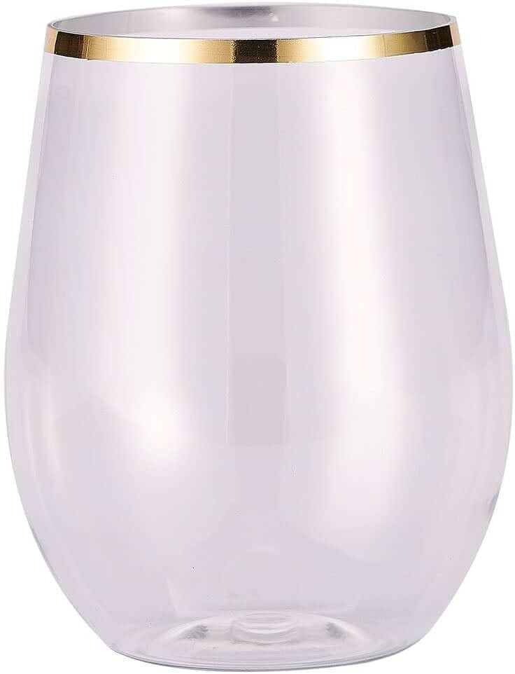 Efavormart 12-Pack 14oz Clear Plastic Stemless Wine Glasses with Gold Rim, Large Shatterproof Wine Tumblers for Weddings, Parties and Receptions