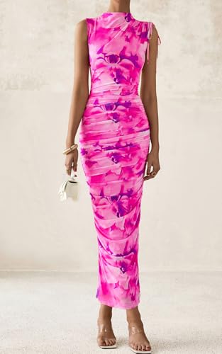 PRETTYGARDEN Women's Summer Maxi Floral Dresses Ruched Bodycon Sleeveless Mesh Formal Wedding Guest Cocktail Split Long Dress