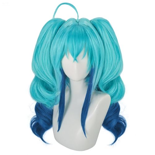 IMEYLE 4 Pcs Set Cosplay Wigs(+2 Ribbons) Gradient Blue Wavy 2 Ponytails Wig for Cosplay Long Blue Wigs for Women Blue Wig with Bangs for Halloween Party Costume+Hair Cap