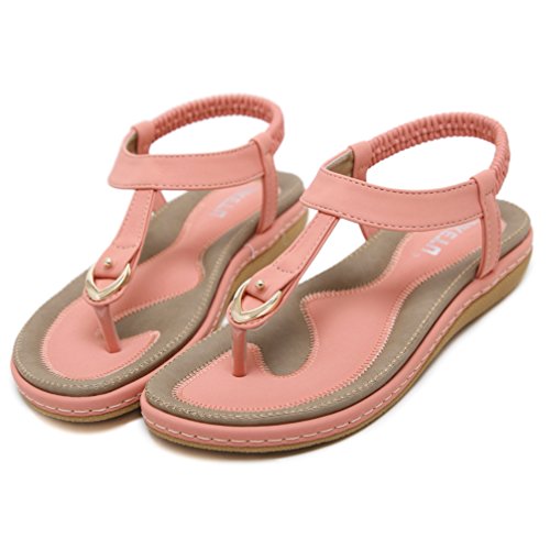 DolphinGirl Bohemian Simple T-Strap Summer Vacation Flat Thong Sandals, Herringbone Glitter Shiny Golden Metal Shoes for Dressy Casual Jeans Daily Wear and Beach Vacation, Pink 6