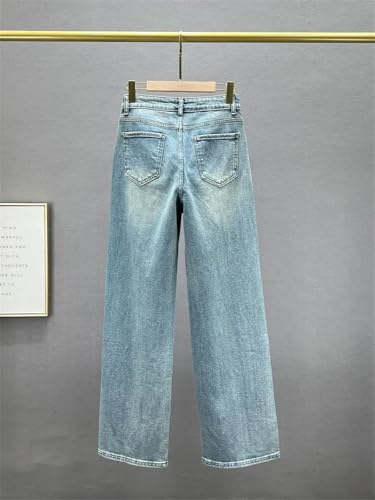 Women's High Waist Washed Rhinestones Jeans Summer Loose All-Matching Straight-Leg Pants3