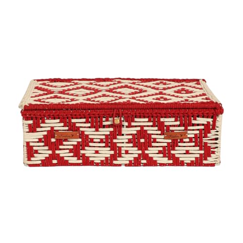 Image of Kaahira Handmade Decorative Storage Box and Organiser | Macrame Gift Hamper Box for Cosmetics, Toiletries & Return Gifts | Aesthetic Rope Woven Organizer (Red and White, Large - 14x10x4 inches)