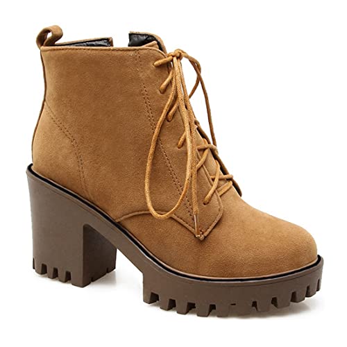 VOKLIN Women's Round Toe Platform Dressy Ankle Boots Lace Up Chunky Block High Heels Dressy Short Booties