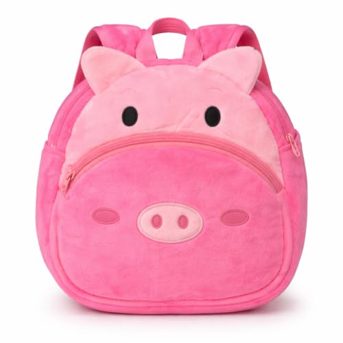 Mini Mochila Infantil de Bichinhos em Poliéster Tipo Pelúcia 2 Bolsos, Alça Regulável, Leve e Resistente para Escola, Passeio e Dia a Dia Estampa de Animais. (Porquinho)